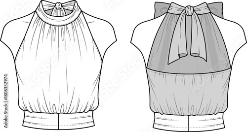 Women’s sleeveless top sketch front and back views, gathered high neckline with tie closure, fitted waistband, open back, technical fashion garment illustration
