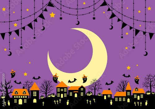 楽しいハロウィン村背景、横、紫、かわいい、三日月、イラスト
