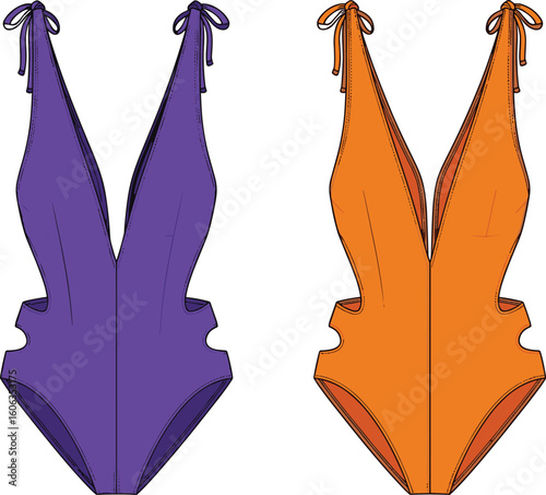 Set of stylish women’s swimsuits in purple and orange, deep V-neck design with cut-out sides and tie straps, fashionable summer beachwear illustration