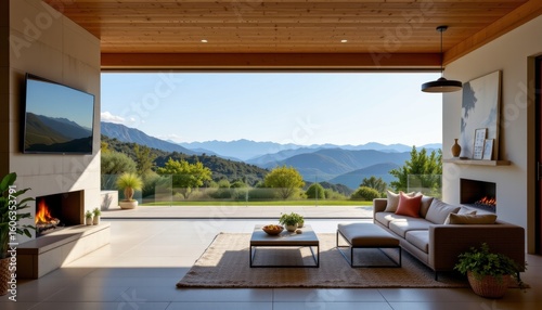 Modern Living Room with Scenic Mountain View and Open Design in Bright Natural Light