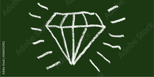 Chalk hand-drawn diamond icon on green chalkboard background. Simple doodle vector symbolizing luxury, value, wealth, gem, beauty, elegance, crystal, and brilliance.