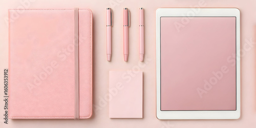 Soft pink stationery and tech accessories flatlay