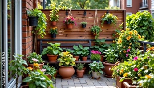 Lush Urban Garden with Potted Plants and Flowers on a Bright Sunny Day