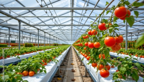 Fresh Organic Tomatoes Growing in a Modern Greenhouse with Abundant Natural Light and Rows