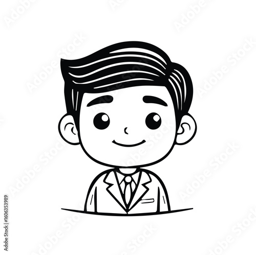 Cartoon boy in business attire smiling at camera in a simple setting. Friendly and professional pose with a plain white backdrop.