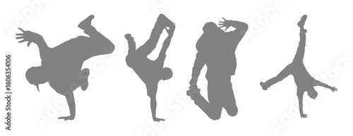Dynamic silhouettes of breakdancers performing athletic moves against a black background