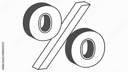 Illustration of a three dimensional percentage sign with a black and white color scheme design element