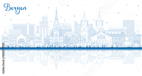 Outline Bergen Norway City Skyline with Blue Buildings and reflections. Illustration. Bergen Cityscape with Landmarks. Business Travel and Tourism Concept with Historic Architecture.