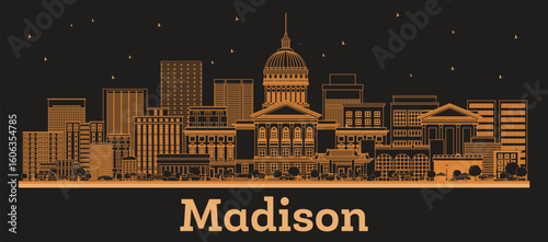 Outline Madison Wisconsin City Skyline with orange Buildings. Illustration. Business Travel and Tourism Concept with Modern Architecture. Madison Cityscape with Landmarks.