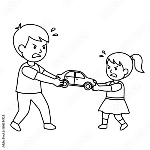 Black and white doodle of boy and girl fighting over a toy in a playful scene