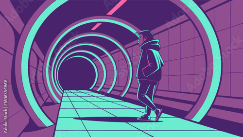 Person walking through a futuristic tunnel with glowing rings and tiled floor in purple and teal colors