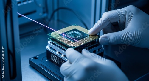 Hands in gloves carefully handling a computer chip in a laboratory setting, illuminated by a laser beam.