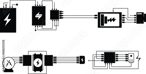Flat Vector Battery Management System Circuit Silhouettes