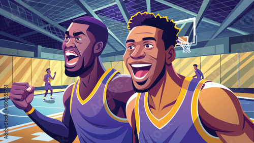 Two excited basketball players celebrating a victory on the court