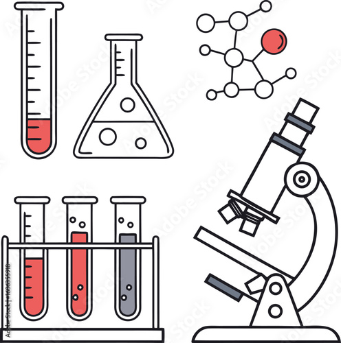 Vector illustration of isolated blue laboratory glassware, equipment, and chemical flasks for science and medical research experiments