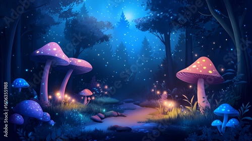 Enchanting Night Forest Path With Glowing Mushrooms