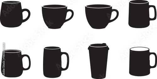 A collection of black silhouette icons featuring various coffee mugs and tea cups. Vector illustration set of drinkware shapes.