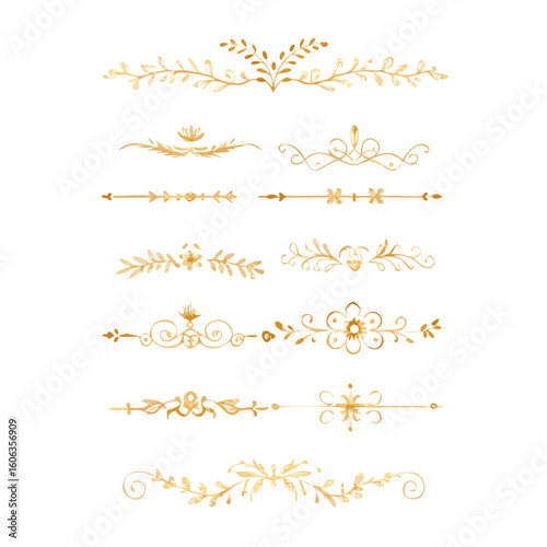 Collection of hand drawn golden text dividers. Calligraphic lines, vintage gold borders and wedding card breaks. Vector isolated flourish ink elements.
