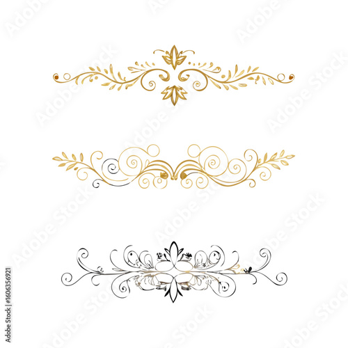 Collection of hand drawn golden text dividers. Calligraphic lines, vintage gold borders and wedding card breaks. Vector isolated flourish ink elements.
