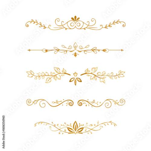 Collection of hand drawn golden text dividers. Calligraphic lines, vintage gold borders and wedding card breaks. Vector isolated flourish ink elements.
