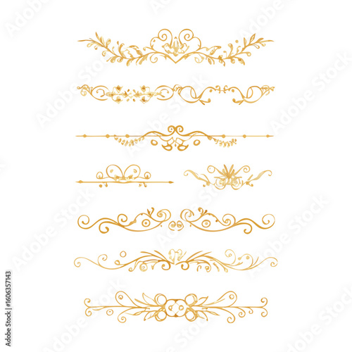 Collection of hand drawn golden text dividers. Calligraphic lines, vintage gold borders and wedding card breaks. Vector isolated flourish ink elements.
