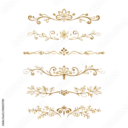 Collection of hand drawn golden text dividers. Calligraphic lines, vintage gold borders and wedding card breaks. Vector isolated flourish ink elements.
