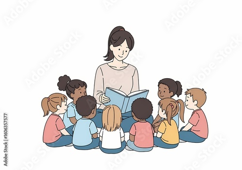 Storytelling and learning concept with a teacher reading to children in a circle