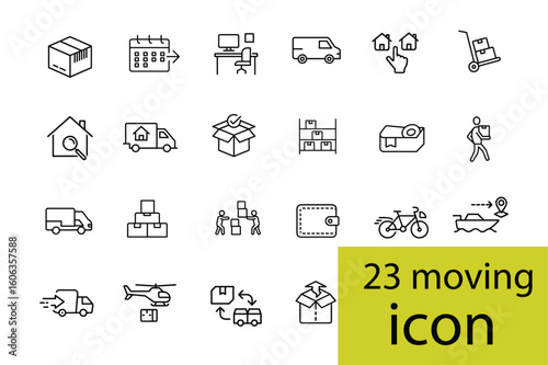 Collection of moving and delivery service icons in outline style