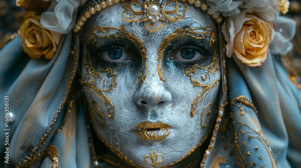 Obraz premium Masked figure with ornate face paint, floral headdress, piercing eyes, and draped fabric detail