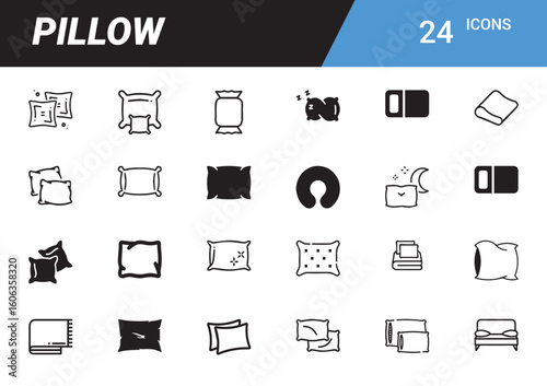 Pillow Icons Collection: A comprehensive set of twenty-four unique pillow icons, providing a variety of styles and designs. These icons are perfect for enhancing user interface of digital projects.