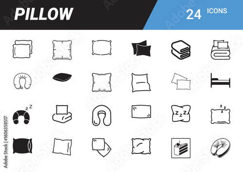 Pillow Icons: A curated set of twenty-four diverse pillow icons, meticulously crafted to capture various forms and representations of comfort and rest. 