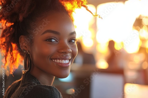 Happy young mixed-race African American office worker smiling in office environment, contributing to diverse and inclusive work culture, Generative AI