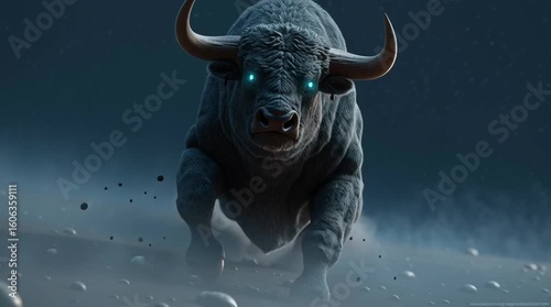 a strong bull with glowing eyes charges forward