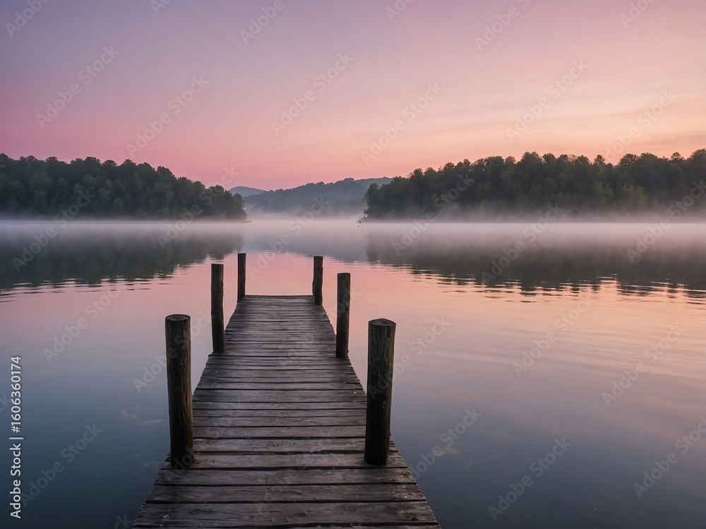 Fototapeta premium Rustic Wooden Pier Leading Into Misty Lake at Sunrise