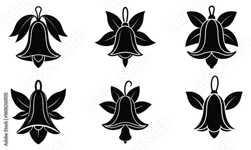 set of bells with flowers and Minimal Black Flower Icon  Bellflower Bloom Silhouette Illustration for Elegant Botanical and Nature Designs