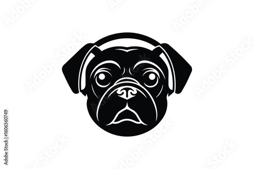Silhouette art illustration of a pug head wearing headphones.eps