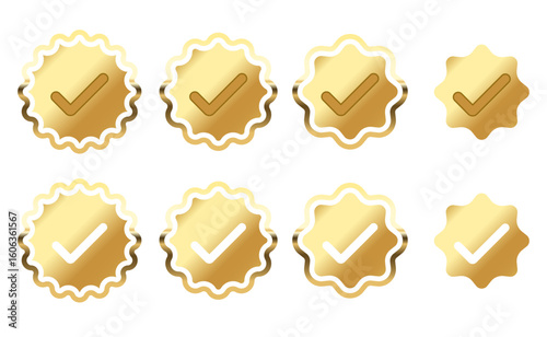 Golden Check mark label set ,Round Wavy edge circle shiny sticker Badge with tick icon Verified badge icon Social media account verification labels, Round circle serrated edge vector