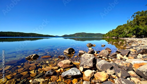 Calm lake shore on a clear day