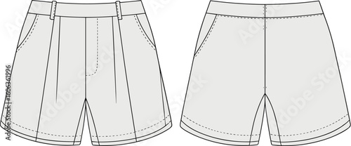 cad drawing flat vector illustration of tailored men’s shorts with front pleats, belt loops, side pockets, and turn-up hem