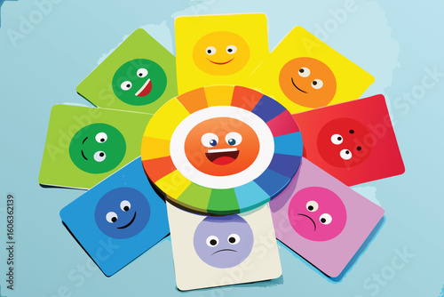 Colorful emotions concept with smiling and sad faces represented by cards in a fun and playful educational illustration