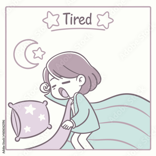 Cute illustration of a tired young person yawning and waking up in bed with a pillow and a blanket ready to start a new day