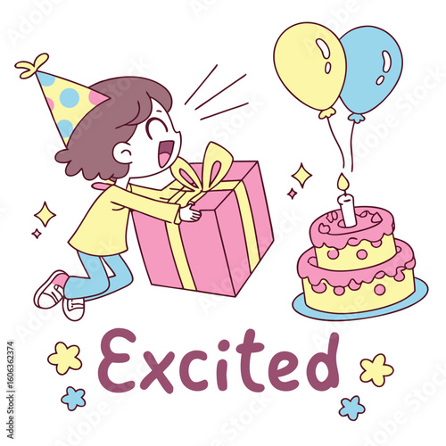 Joyful child with a party hat ecstatically receiving a brightly wrapped gift celebrating a birthday with balloons and a festive cake.