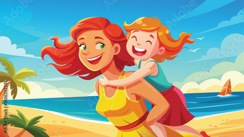 Joyful mother and daughter enjoying a sunny beach day together