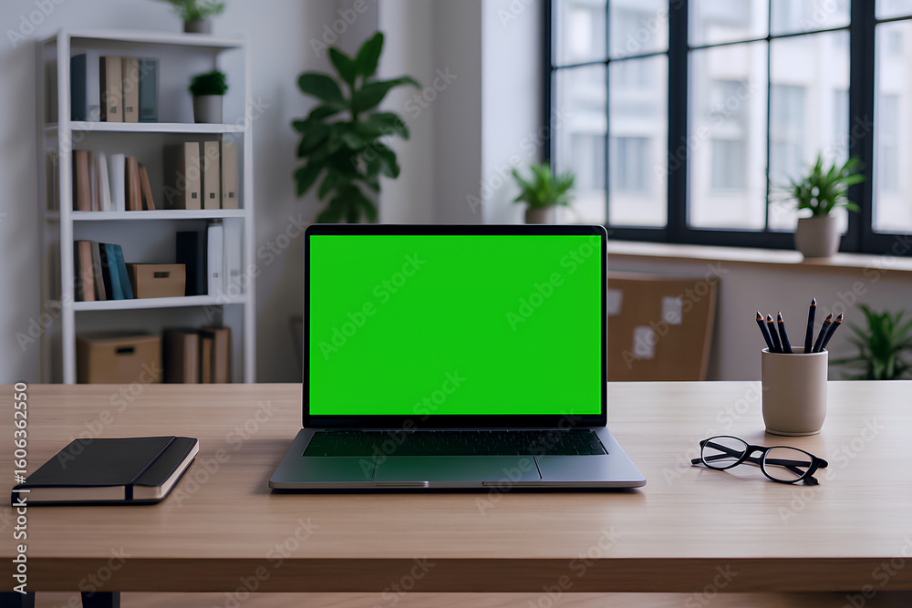 Fototapeta premium Modern office desk with laptop, notebook, glasses, and pencils