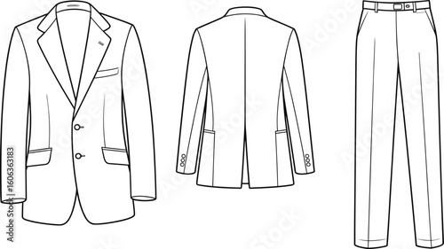 CAD drawing flat vector illustration of men’s suit with blazer and trousers, front and back view, fashion design sketch