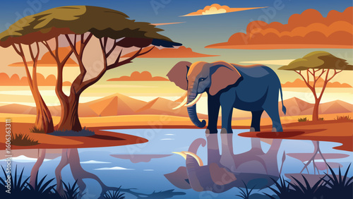 Elephant drinks from a serene waterhole at sunset in the savanna
