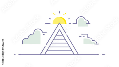 Illustration of a pyramid with steps leading to the sun surrounded by clouds in a serene landscape