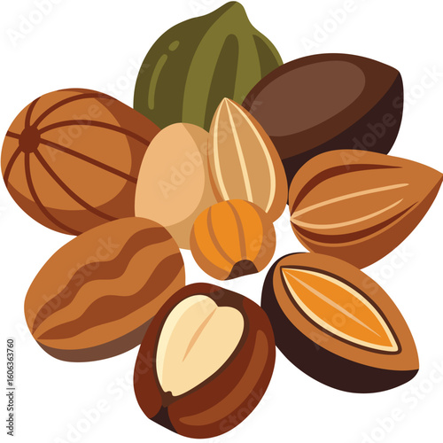 A vibrant illustration of various nuts including almonds pecans pumpkin seeds and other delicious healthy snacks arranged in a circular pattern