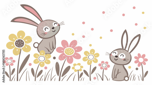 Adorable cartoon bunnies enjoying a spring day with flowers and dots perfect for easter or children's designs on white