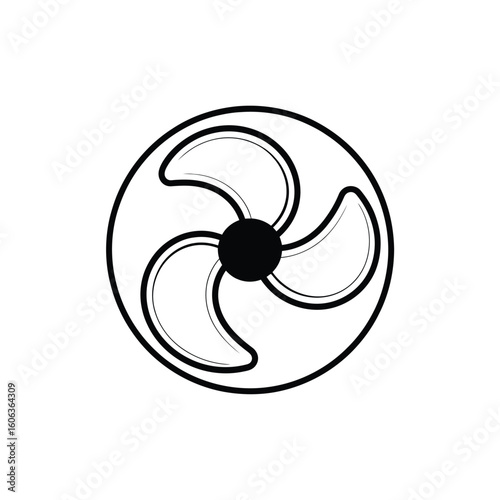 Simple black and white illustration of a three bladed fan